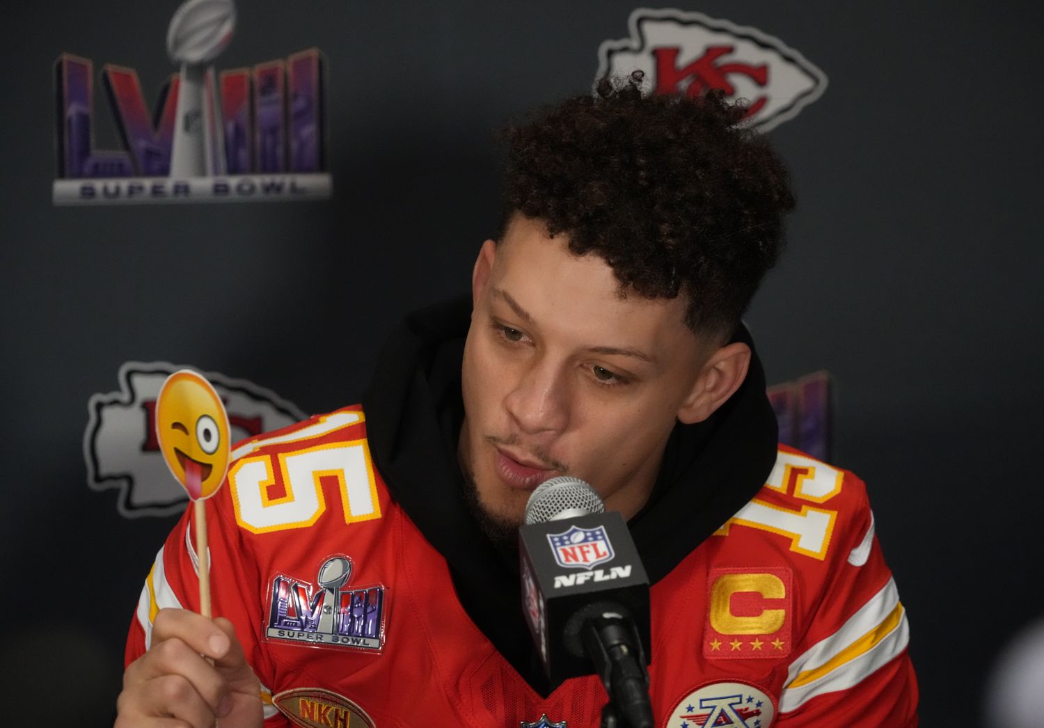 Feb 6, 2024; Las Vegas, NV, USA; Kansas City Chiefs quarterback Patrick Mahomes (15) speaks during a press conference before Super Bowl LVIII at Westin Lake Las Vegas Resort and Spa.